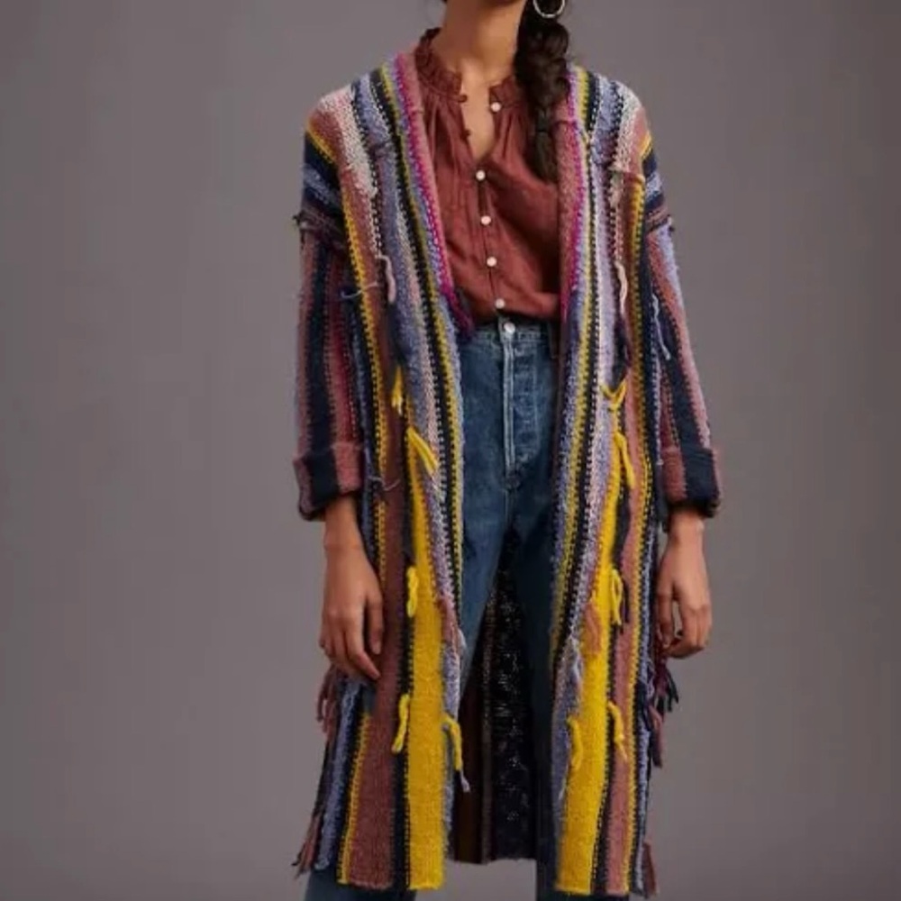 Anthropologie Multicolor Striped Fringe Cardigan — Yellow, Blue, Pink, Purple